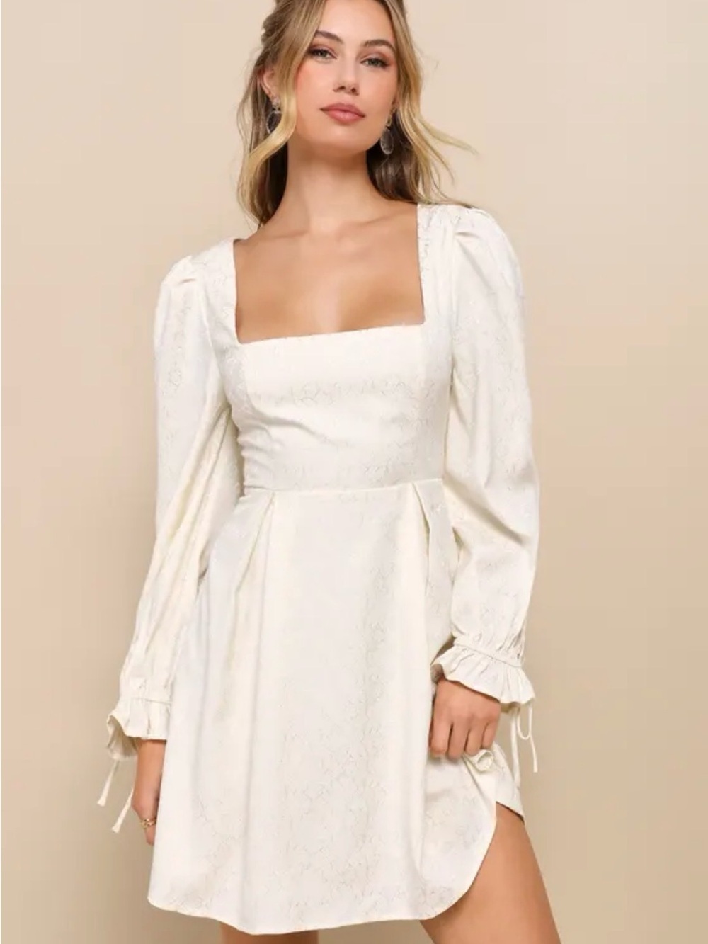 NWT LULUS Elegant Adoration Cream Floral Jacquard Long Sleeve Mini Dress Size XS